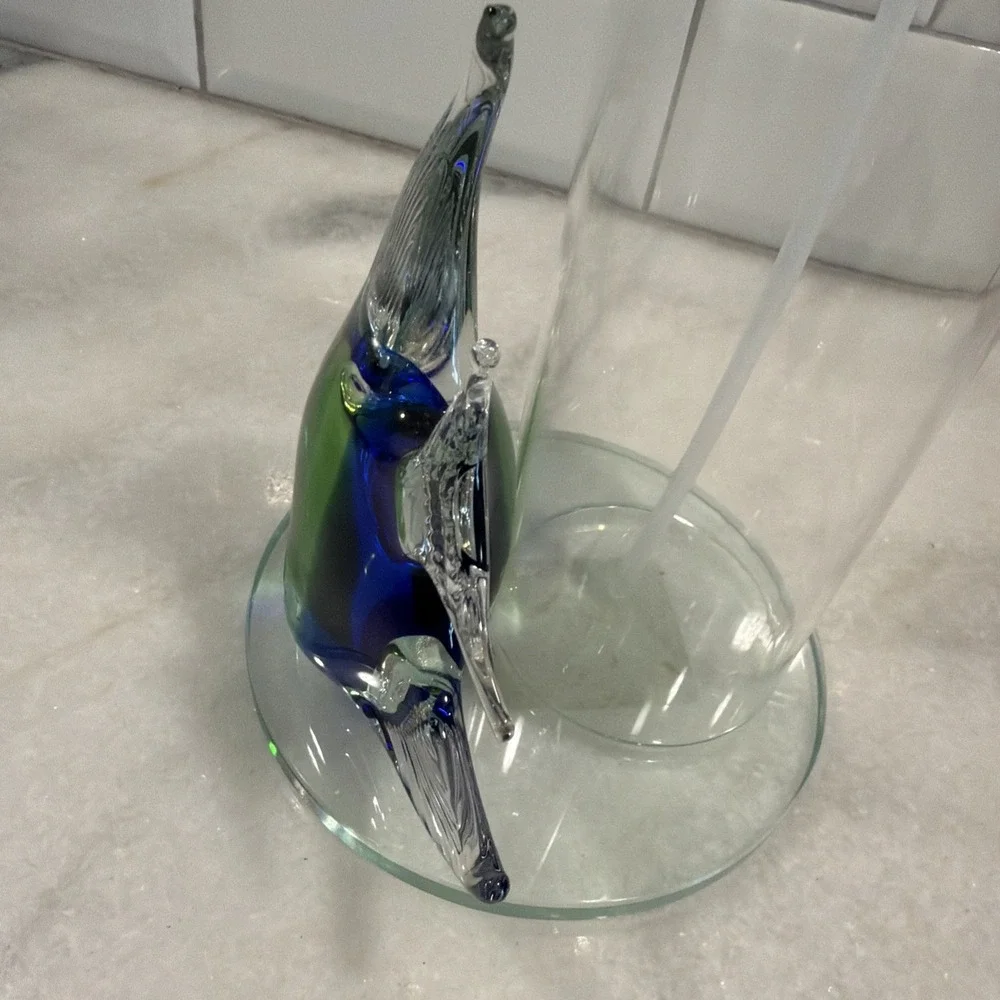 Unique Hand Blown Glass Fish Soap/lotion Clear Glass Dispenser Blue/green